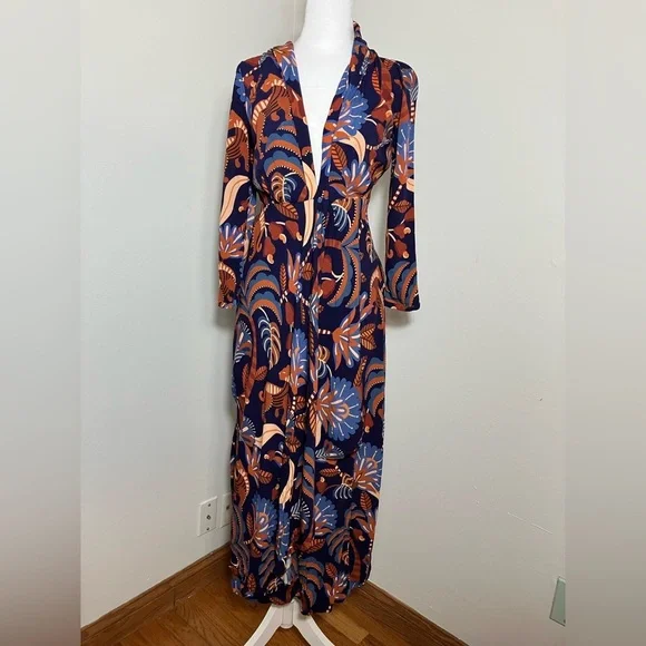 Farm Rio Blue Nature Beauty Long Sleeve Maxi Dress Sz XS Boho Tropical $220  MSRP - www.disolcolor.com